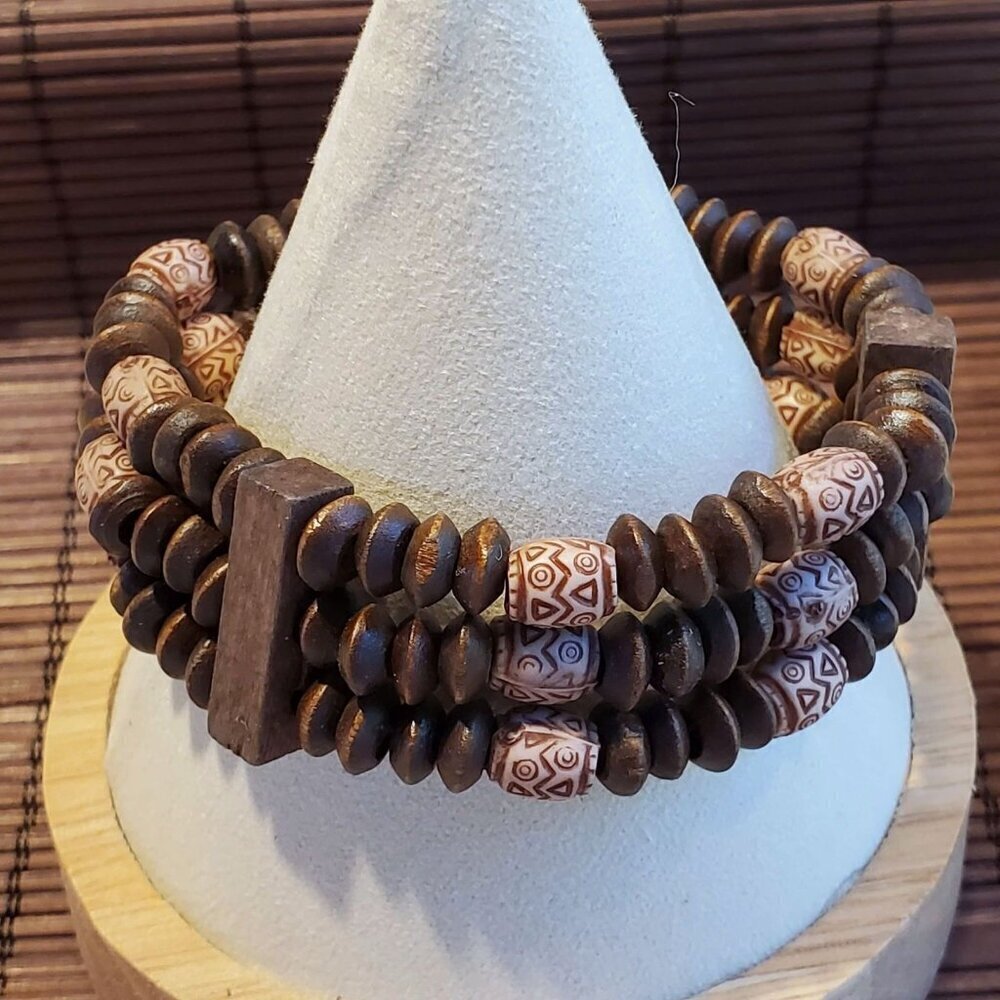 Vintage 90s Y2K Boho Brown Tan Wood Acrylic Saucer Beads Stretch Bracelet